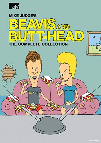 Beavis and Butt-head sitting on a pink couch with snack boxes.