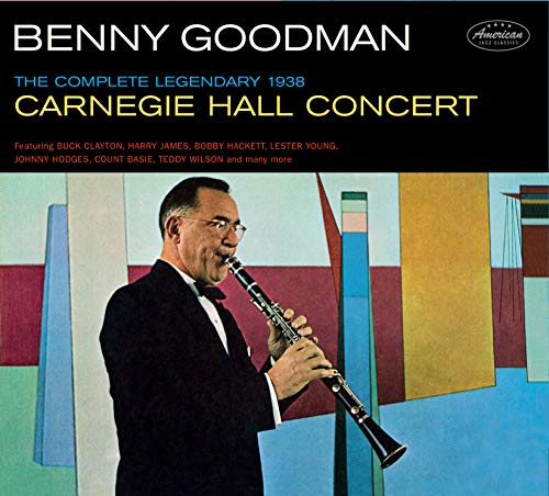 Benny Goodman in a suit playing clarinet, album cover with abstract art.