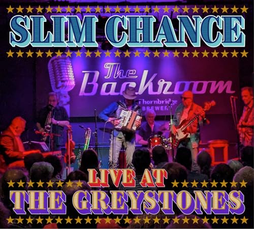 Band Slim Chance performing live on stage with instruments and audience.