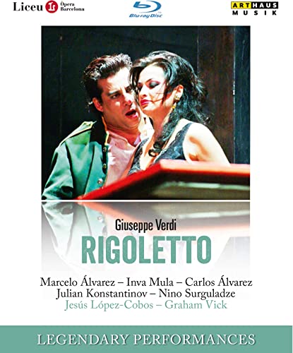 Blu-ray cover for Verdi’s opera *Rigoletto* featuring performers and stage setting.