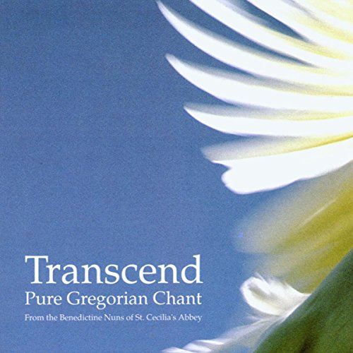 CD cover with abstract white feathers and text: "Transcend, Pure Gregorian Chant.