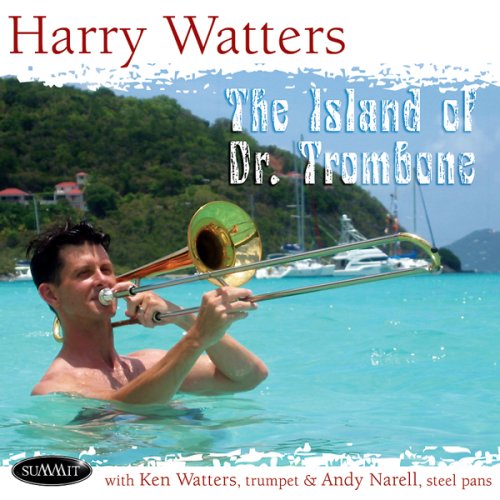 CD cover: man playing trombone in turquoise water, island background.