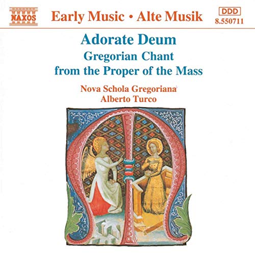 CD cover for “Adorate Deum” Gregorian chant, featuring illuminated manuscript art.