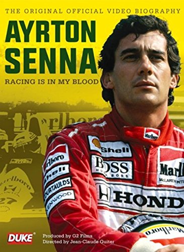 DVD cover featuring Ayrton Senna in a red racing suit, looking forward.