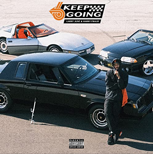 Album cover featuring a man leaning on classic cars, checkered flag design.