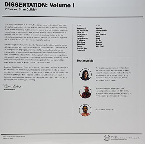 Vinyl record cover for “Professor Brian Oblivion - Dissertation: Volume 1” with portraits.