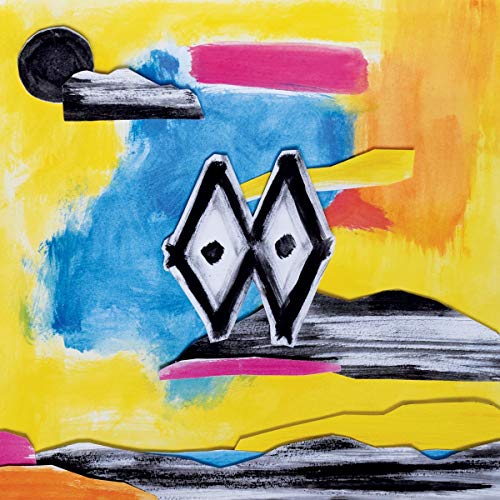 Abstract CD cover with black and white shapes on a colorful background.