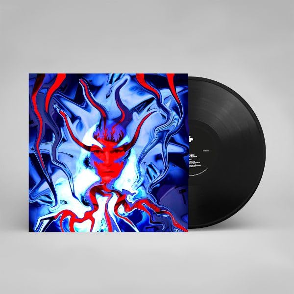 Vinyl record with abstract, swirling red and blue face on the cover.
