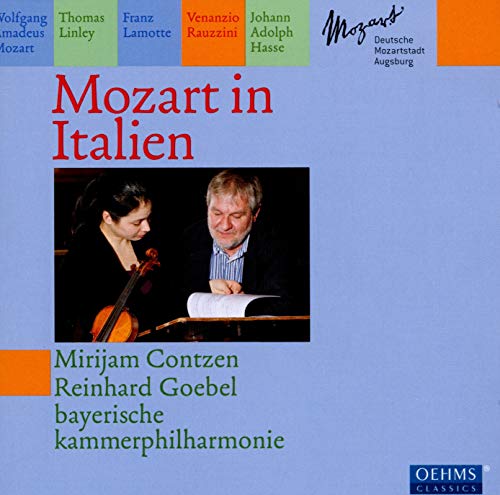 CD cover: musicians with violin and sheet music, "Mozart in Italien.