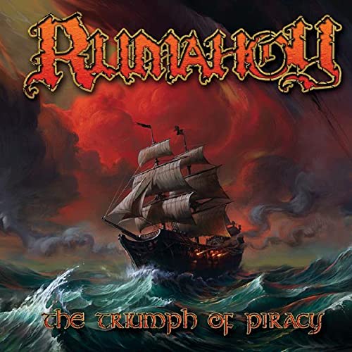Album cover: pirate ship sailing stormy seas under a red sky.