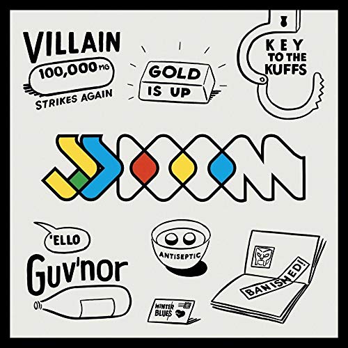 Album cover with colorful abstract shapes, text, and sketched illustrations.