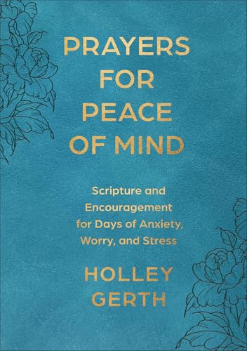 Blue book cover with gold lettering, floral designs, titled "Prayers for Peace of Mind".