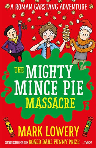 Cartoon characters on a red background with falling mince pies and a green splash.