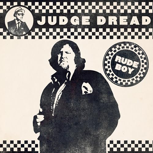 Black and white vinyl record cover featuring Judge Dread and checkered pattern.