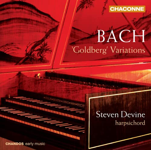 CD cover featuring a red harpsichord and text: “Bach Goldberg Variations.”