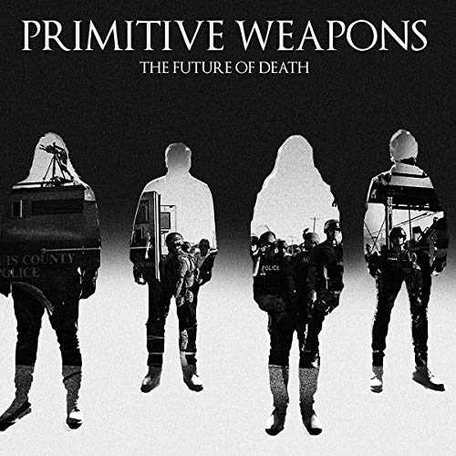 Black and white album cover featuring four figures in riot gear.