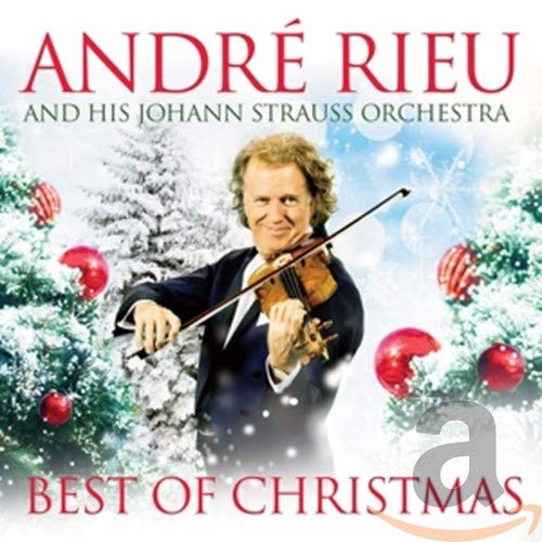 André Rieu holding a violin, festive winter background, CD cover.
