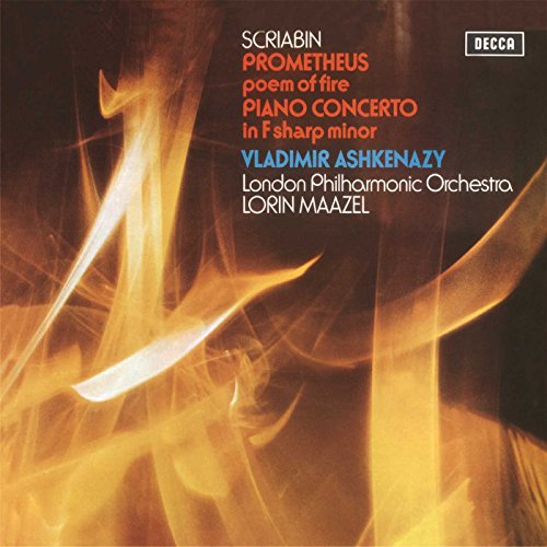 Vinyl album cover with abstract flames and text listing Scriabin’s works.