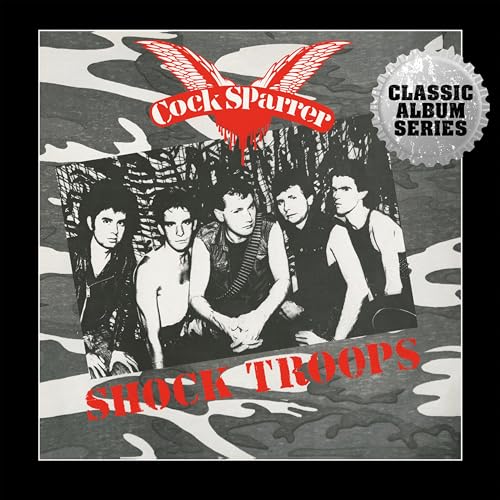 Cock Sparrer album cover: band photo with camouflage background and red text.
