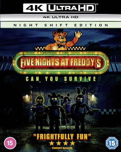 Five Nights at Freddy's" Blu-ray cover featuring animatronic characters and a diner sign.