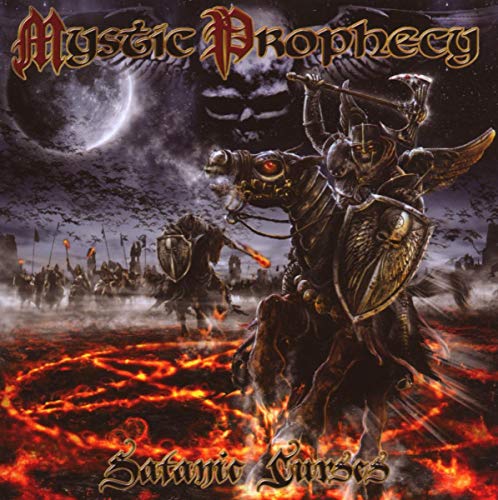 CD cover for Mystic Prophecy’s “Satanic Curses” featuring a knight on horseback.