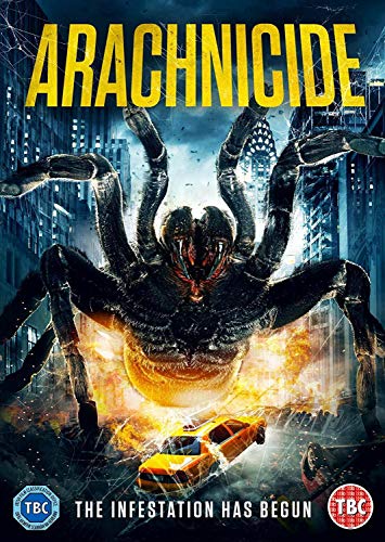 DVD cover for “Arachnicide” featuring a giant spider attacking a city.