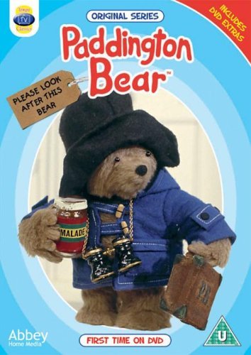 Paddington Bear with suitcase and marmalade, DVD cover art.