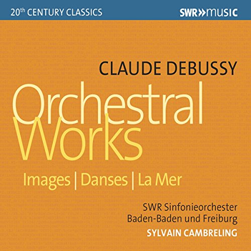 CD cover for Claude Debussy’s Orchestral Works, orange textured background.