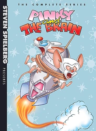 Pinky and the Brain riding a rocket on a light blue background.