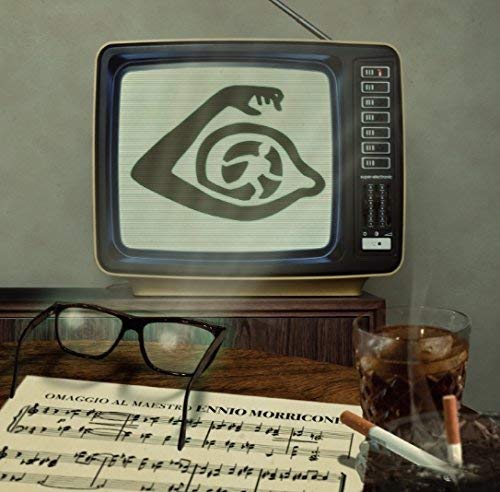Vinyl record cover displayed on a vintage television with glasses and drink.