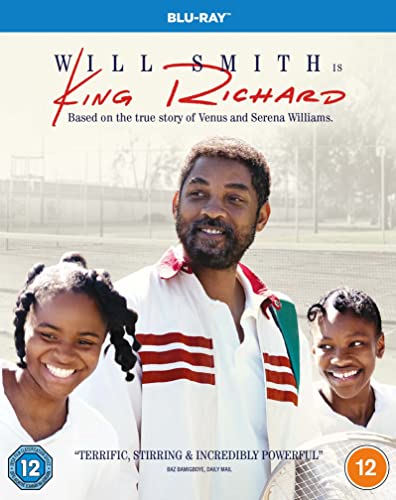 “King Richard” Blu-ray cover featuring Will Smith with young Venus and Serena Williams.