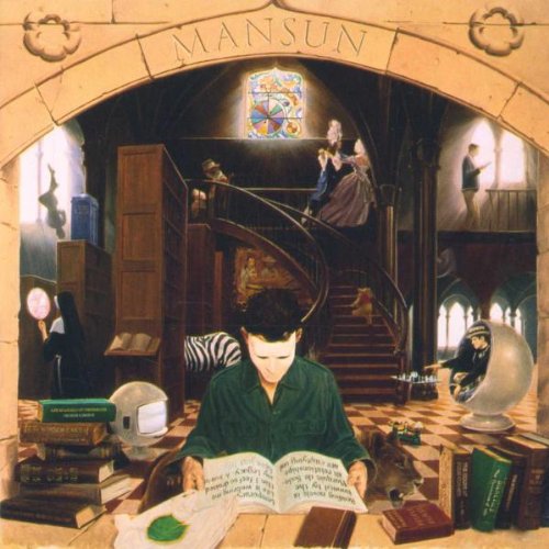 Album cover for Mansun's "Six" featuring figures in an ornate, surreal interior.
