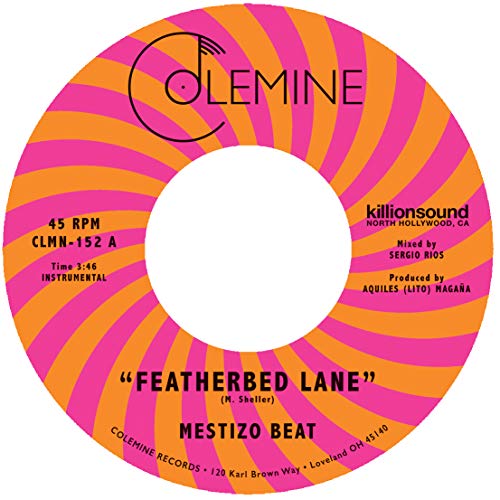 Colorful vinyl record label for Mestizo Beat’s “Featherbed Lane” by Colemine Records.
