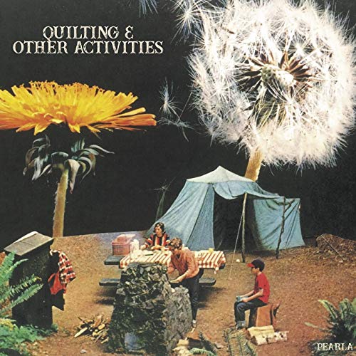 People camping near a large dandelion and yellow flower.
