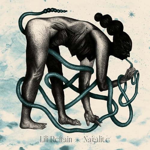 Sketch of a person entwined with blue serpentine shapes, album art.