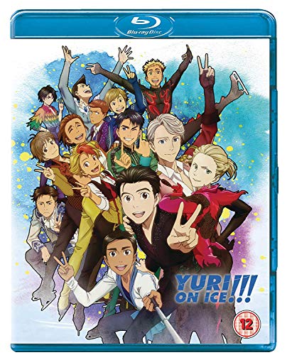 Yuri!!! On Ice" Blu-ray cover featuring a group of diverse anime figure skaters.
