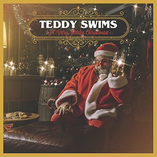Teddy Swims Christmas album cover featuring a bearded man dressed as Santa.