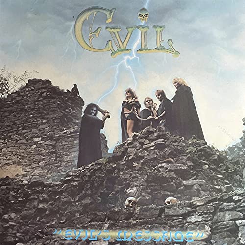 1980s heavy metal album cover featuring a band on a rocky hill.