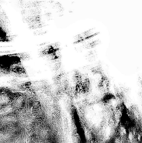 Distorted black and white portrait of a person’s face, close-up.