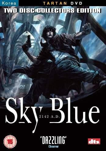 DVD cover for “Sky Blue” featuring a figure with a gun in a futuristic setting.