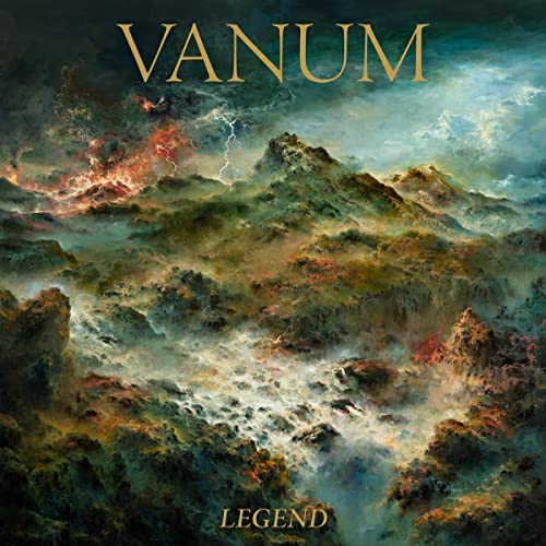 Album cover for Vanum’s “Legend” featuring stormy mountains and fiery skies.