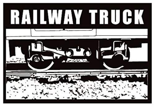 Black and white image of a railway truck with bold text above.