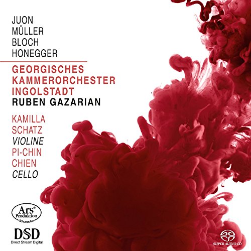 CD cover with red ink-like swirl, composer names, and orchestra details.