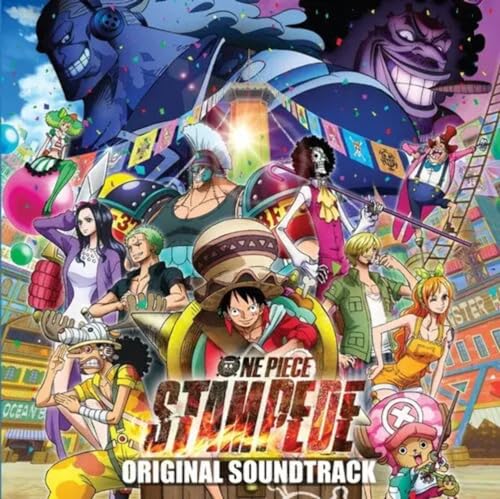 One Piece: Stampede vinyl cover featuring colorful anime characters in action.