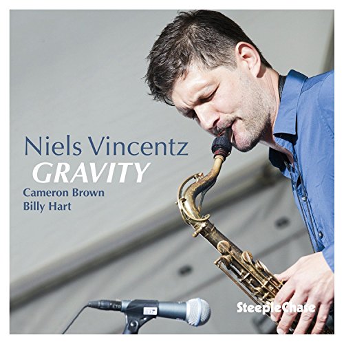 Man playing a saxophone on the album cover "Gravity" by Niels Vincentz.