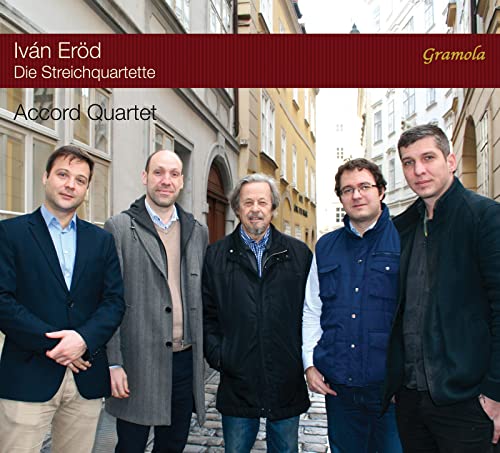 CD cover featuring the Accord Quartet, four men standing on a cobblestone street.