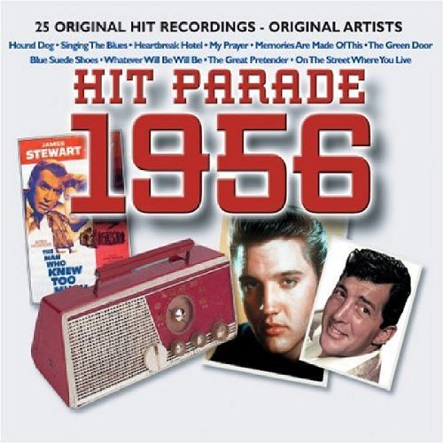 CD cover for “Hit Parade 1956” featuring musicians and a vintage radio.