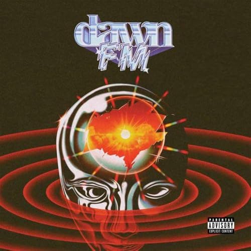 The Weeknd’s “Dawn FM” album cover: a face within a glowing radio.