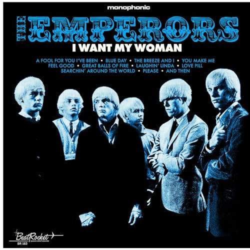 Album cover for "I Want My Woman" by The Emperors, six men in suits.