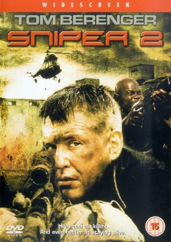 “Sniper 2” DVD cover featuring Tom Berenger aiming a rifle amidst explosions.